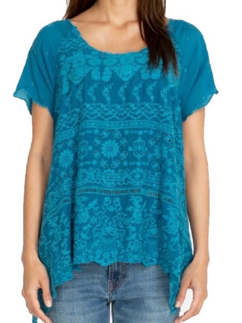 Johnny Was Teal Embroidered Short-Sleeve Tunic